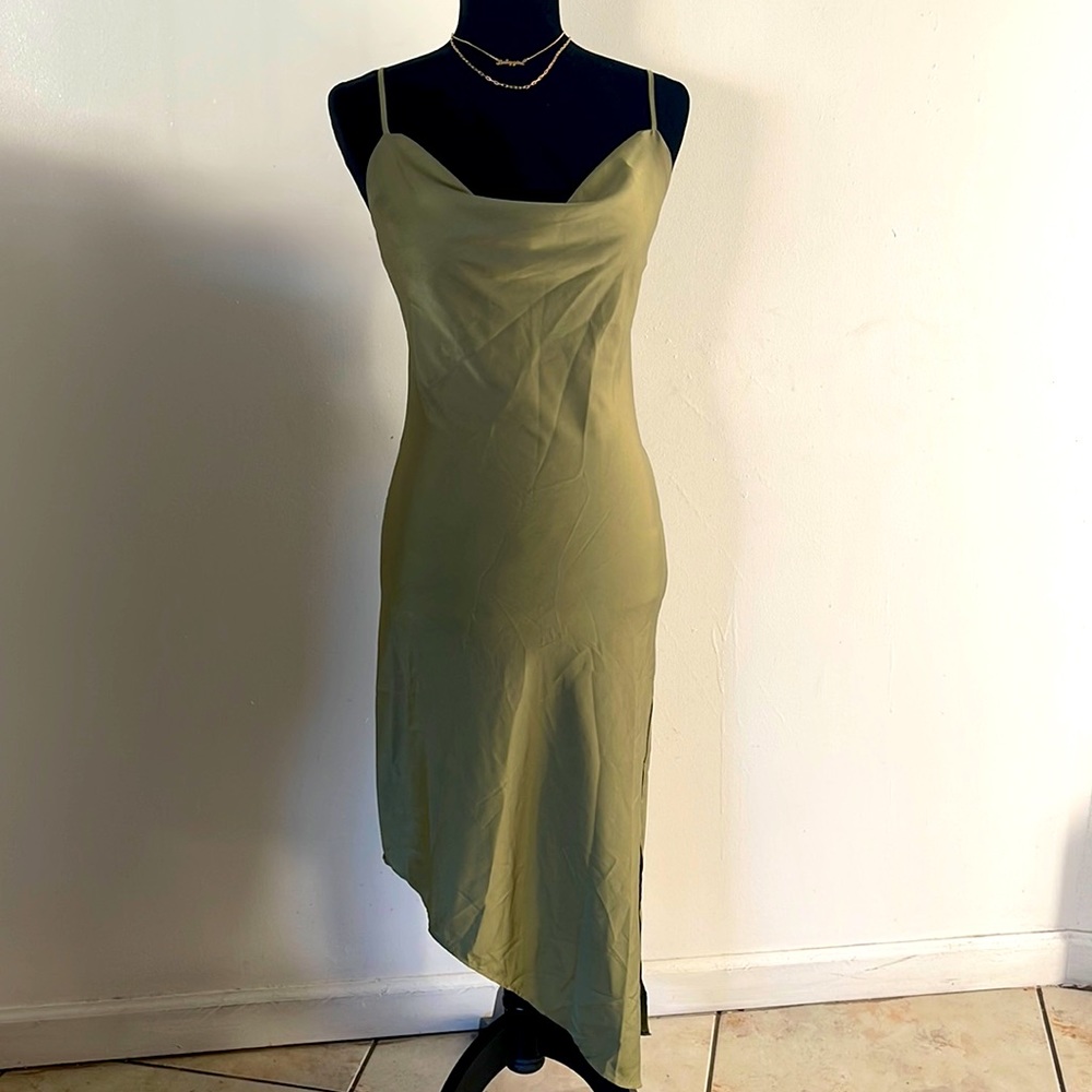 FOREVER21 | Women’s Sage Satin Asymmetrical Midi Slip Dress with Side Slit Small